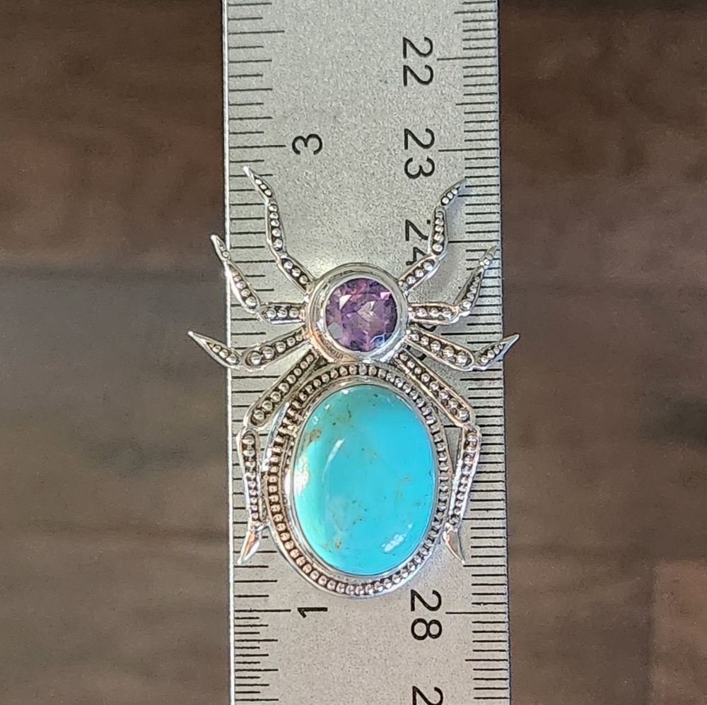 NICKY BUTLER 925 Sterling Silver Turquoise Amethyst Spider Brooch Pendant NB π· - Picture 10 of 13